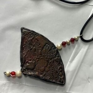 Unique Fan Pendant‎ Necklace Cord Beaded Accent Antique Style